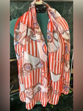 Vintage Nautical Rope Print Silk Blend Scarf Red White Classic Seaside Style